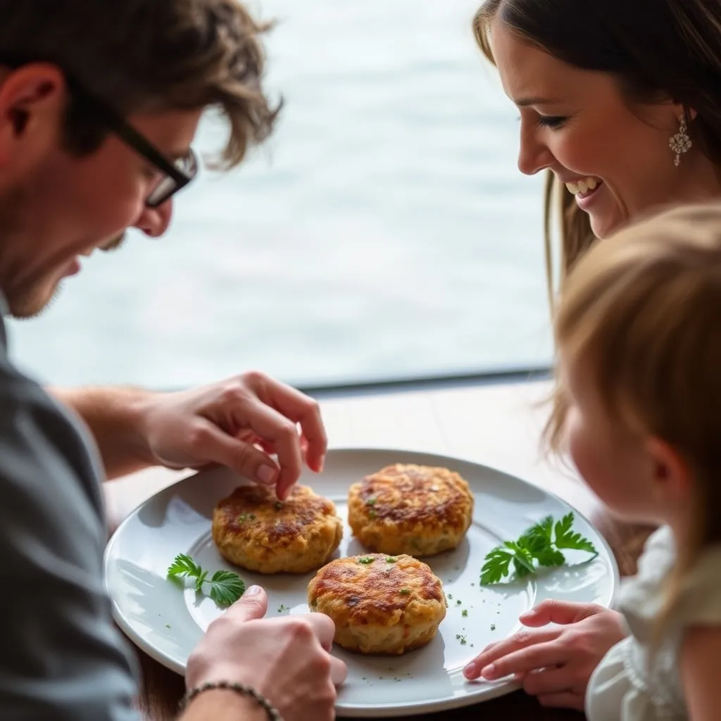 family enjoying salmon fish cakes at the restaurant