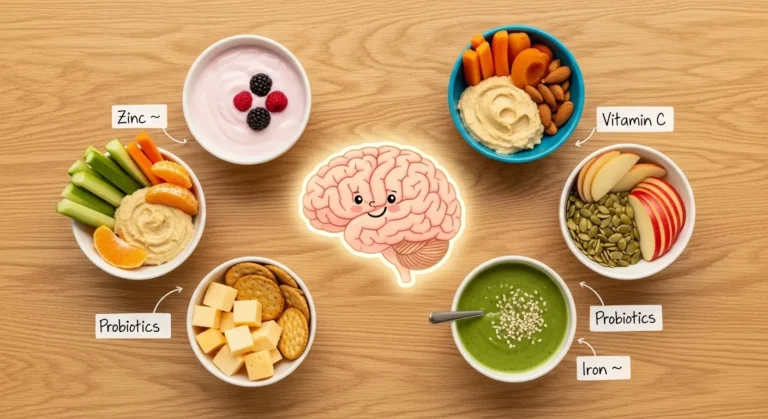 Infographic showing 10 immune-boosting snacks for kids arranged around a brain illustration, highlighting nutrients like Zinc, Vitamin C, Iron, and Probiotics for gut-brain health.