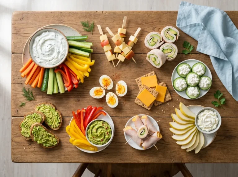 Low sugar snacks for kids on a wooden table — veggie sticks, cheese kabobs, turkey roll-ups, hard-boiled eggs and avocado toast arranged as a colorful flat lay