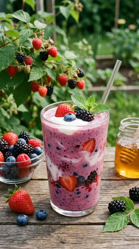 Mixed berry yogurt drink with strawberries and blueberries — probiotic drink for kids with fiber