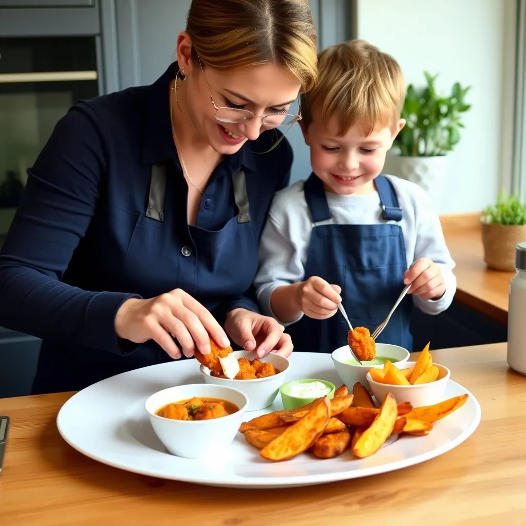 mom and son making Crispy Cod Nuggets with Sweet Potato Wedges lunch