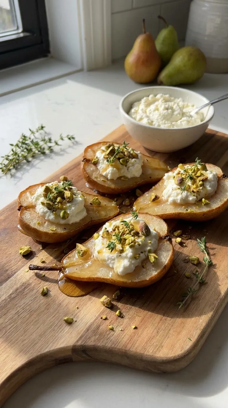 Pear slices with creamy ricotta cheese — low sugar snacks for kids