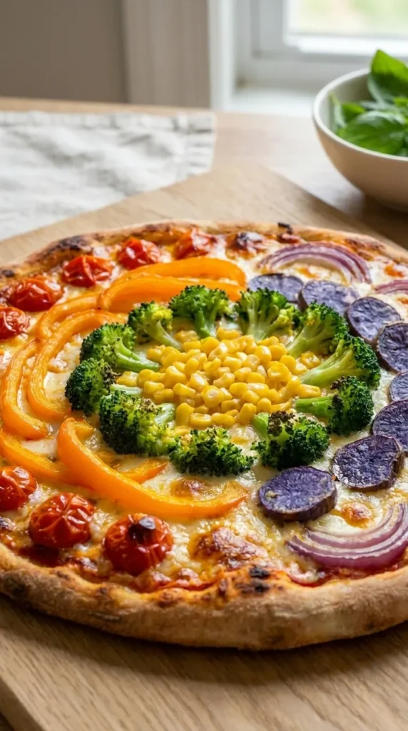 Close-up of a freshly baked rainbow veggie pizza featuring vibrant layers of broccoli, sweet corn, orange peppers, and purple potatoes on a golden crust.
