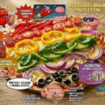 Colorful rainbow veggie pizza on a wooden board with educational infographics showing brain-boosting nutrients like Vitamin C for dopamine and Quercetin for memory.