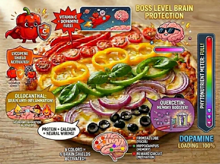 Colorful rainbow veggie pizza on a wooden board with educational infographics showing brain-boosting nutrients like Vitamin C for dopamine and Quercetin for memory.