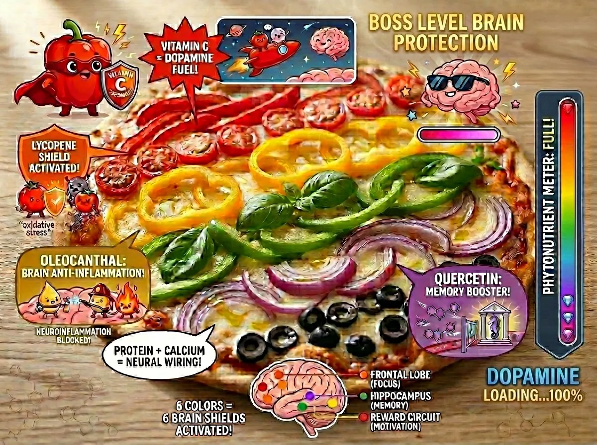 Colorful rainbow veggie pizza on a wooden board with educational infographics showing brain-boosting nutrients like Vitamin C for dopamine and Quercetin for memory.