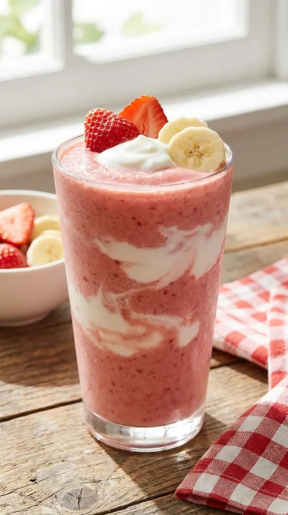 Strawberry banana smoothie with plain yogurt — probiotic drink for kids ready in 5 minutes