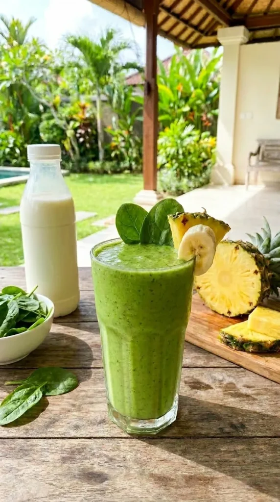Tropical green smoothie with kefir, spinach and pineapple — probiotic drink for kids with vitamin A