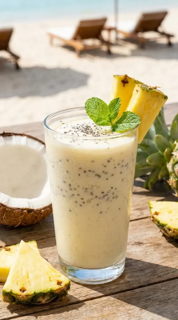 Tropical pineapple coconut smoothie with chia seeds — probiotic drink for kids with vitamin C