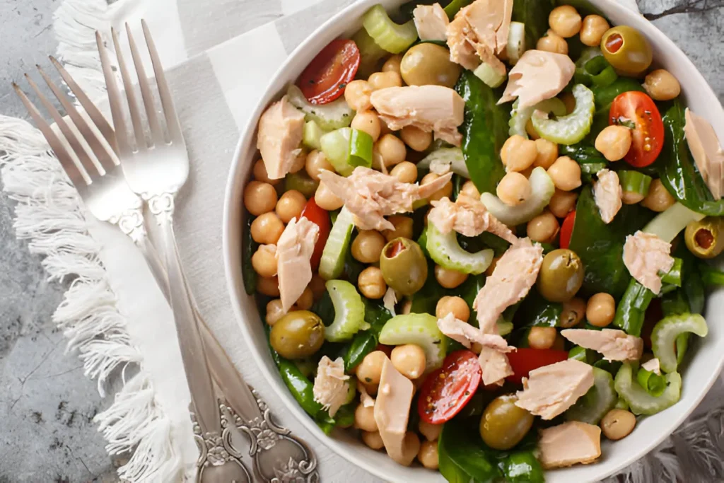 tuna salad with chickpeas and spinach in a bowl 1