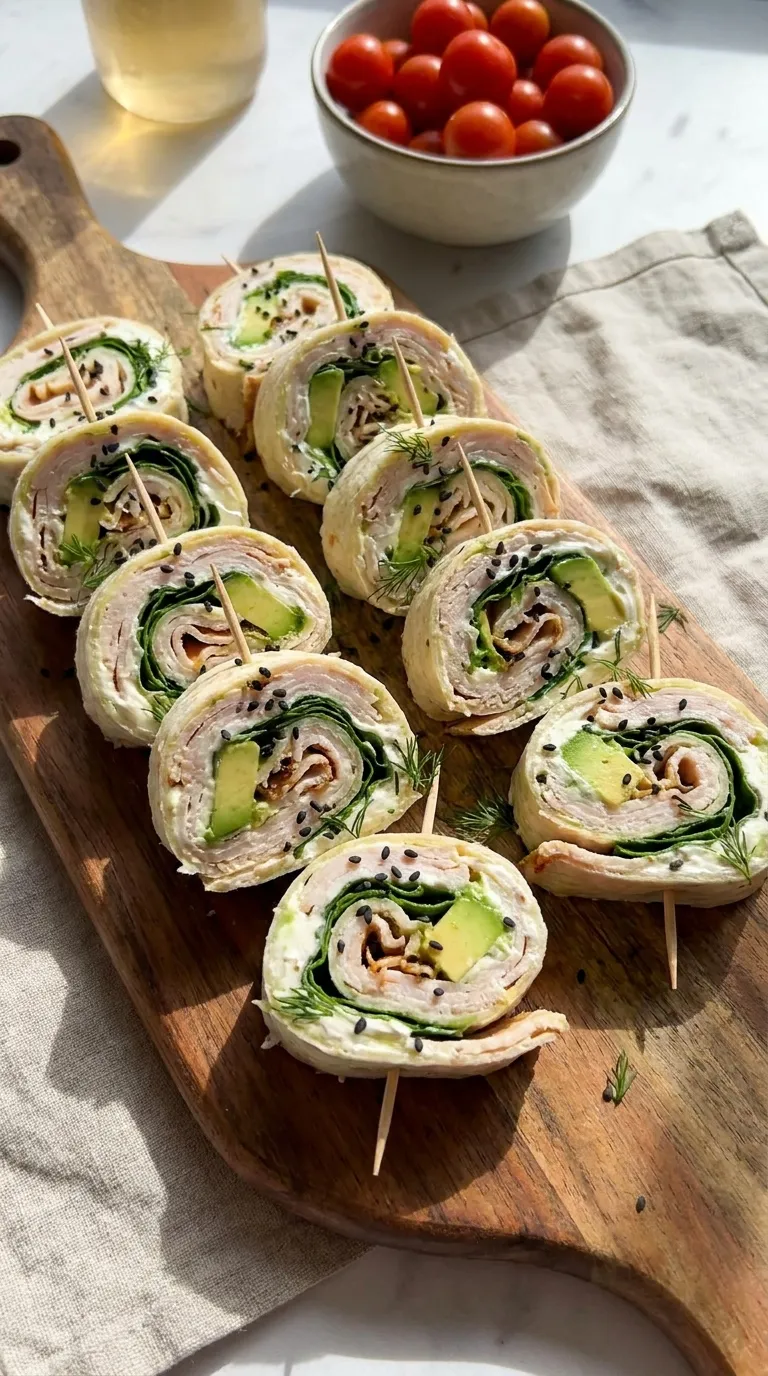 Turkey and avocado roll-ups sliced into bite-sized pieces — low sugar snack for kids