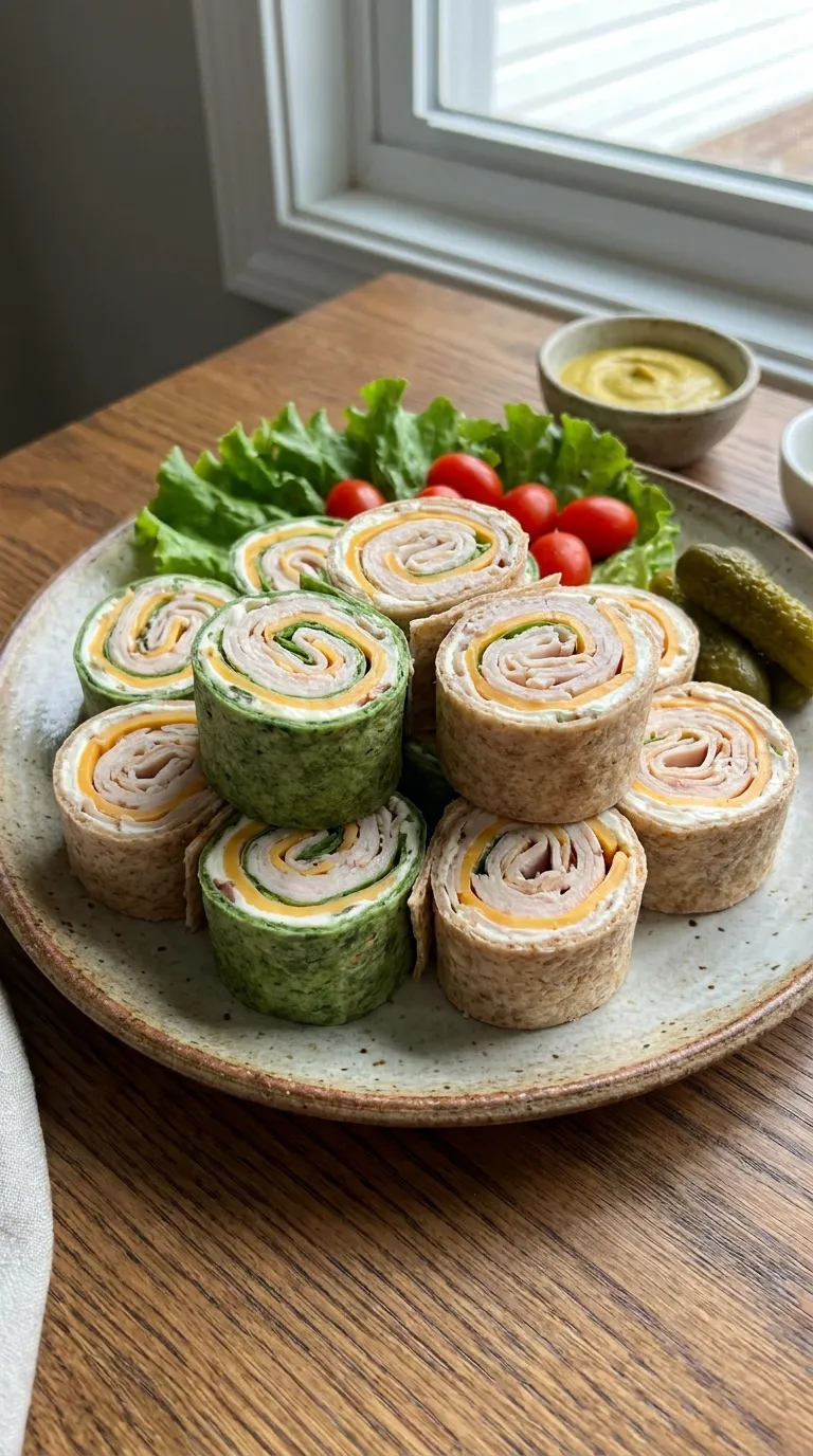 Turkey and cheese roll-ups on a plate — protein-packed low sugar snack for kids
