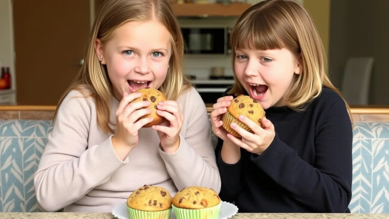 twin eating Banana Chocolate Chip Muffins