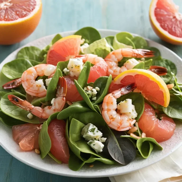 Zesty shrimp and grapefruit salad in a white bowl with fresh spinach and citrus segments – shrimp and grapefruit salad