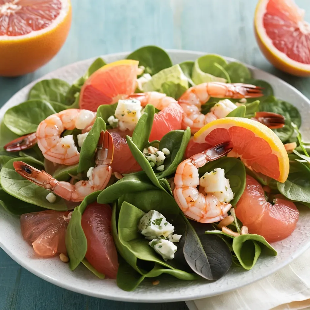 Zesty shrimp and grapefruit salad in a white bowl with fresh spinach and citrus segments – shrimp and grapefruit salad