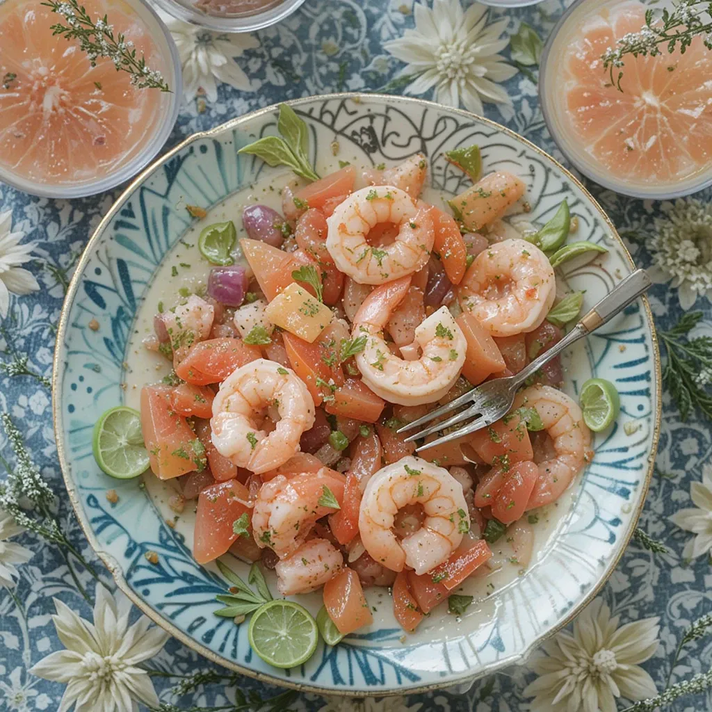 Zesty shrimp and grapefruit salad served on a plate with fresh cilantro garnish – healthy lunch for kids
