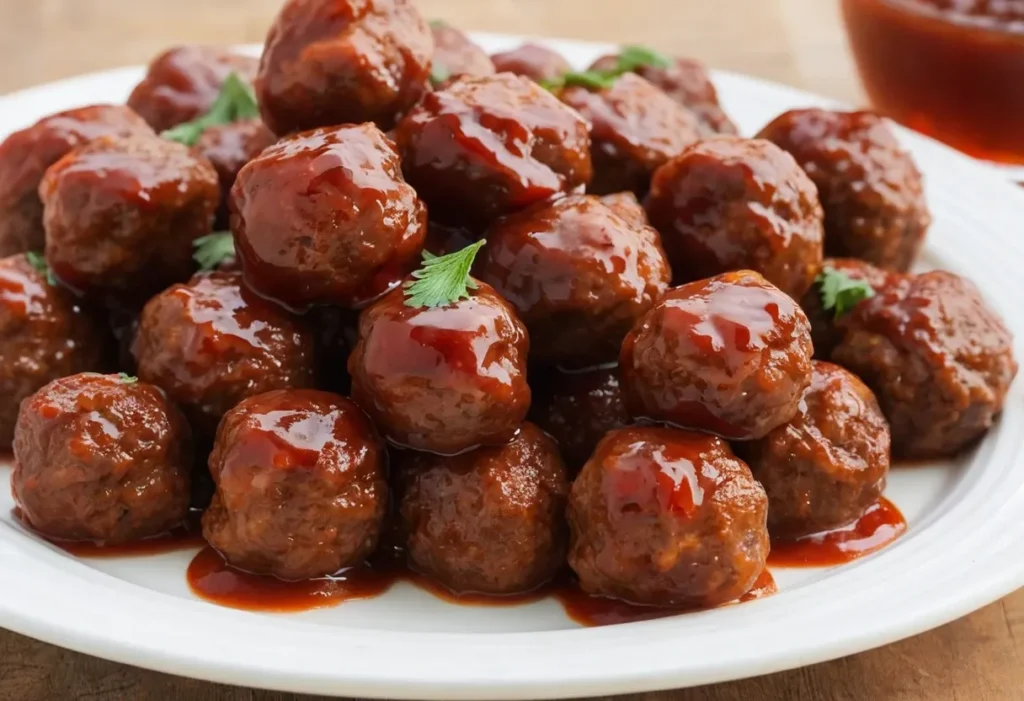BBQ meatball variation with smoky barbecue glaze, a twist on the classic pepper jelly cocktail meatballs