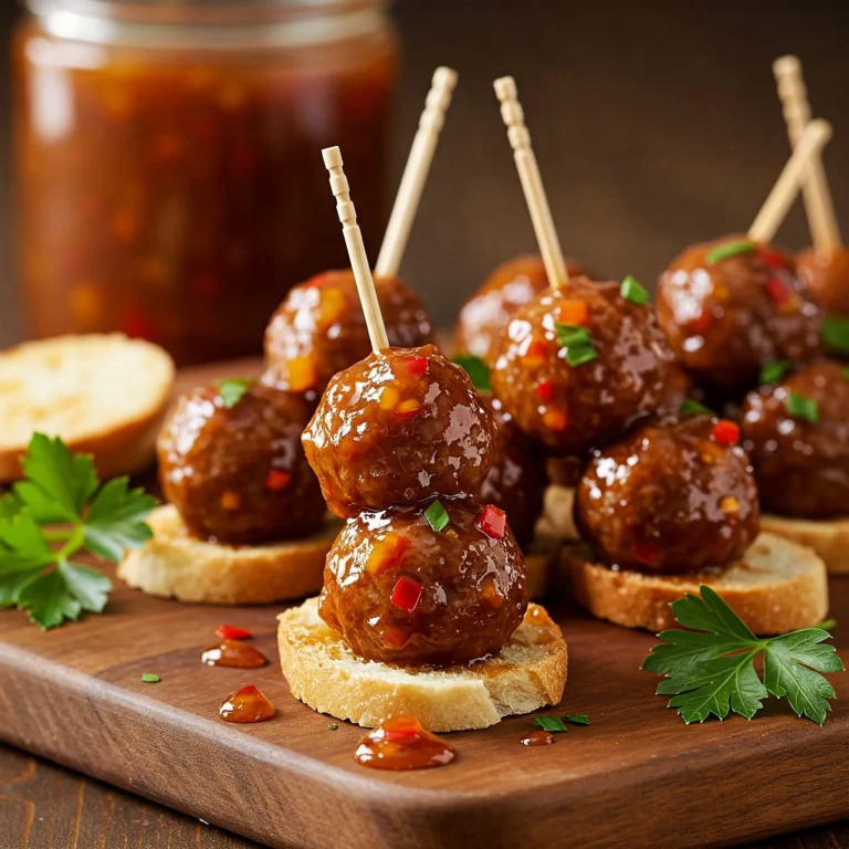 Sweet and spicy pepper jelly cocktail meatballs garnished with fresh parsley on a white serving plate