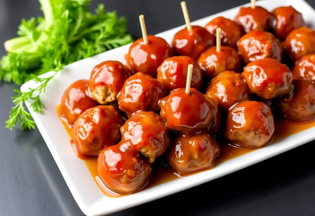 Pepper jelly cocktail meatballs served on a white platter with toothpicks, ready to serve as a party appetizer