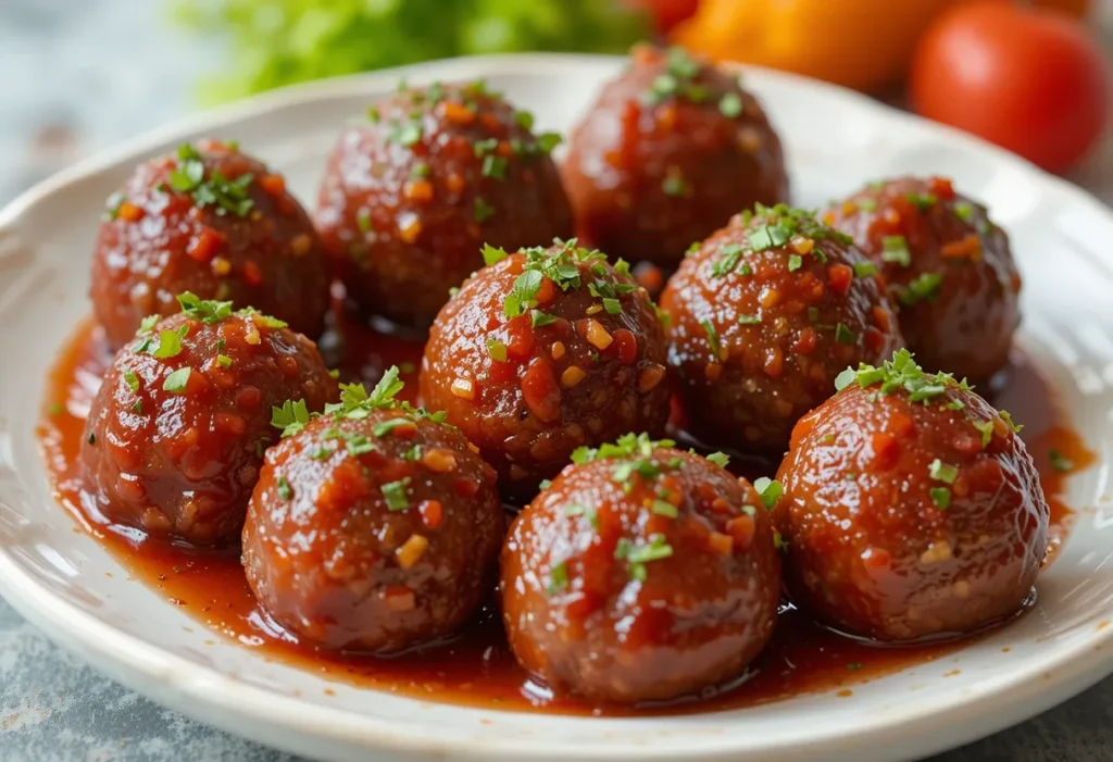 Pepper jelly cocktail meatballs on a plate garnished with fresh herbs and red pepper flakes