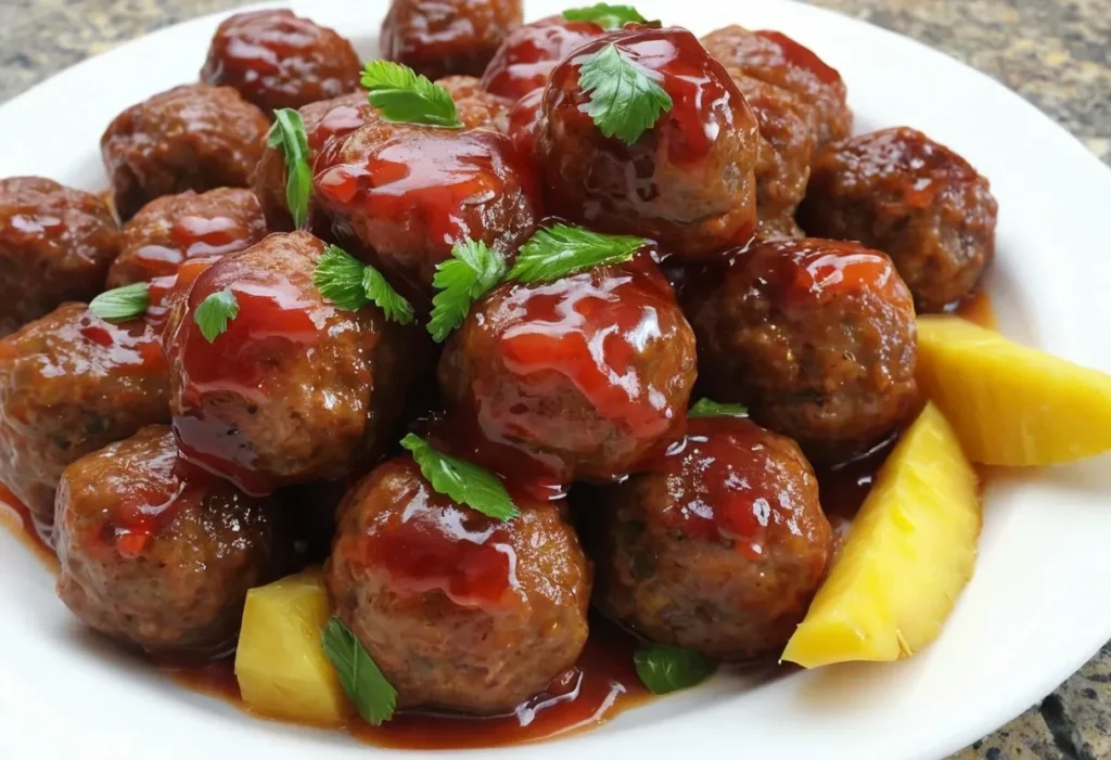 Tropical meatballs with pineapple chunks and sweet tangy glaze, a fun party appetizer variation