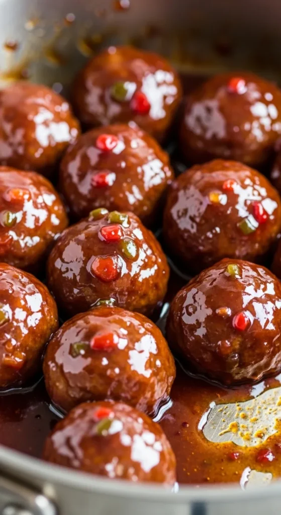Pepper jelly cocktail meatballs close-up with glossy caramelized sweet-spicy glaze, red and green pepper bits visible
