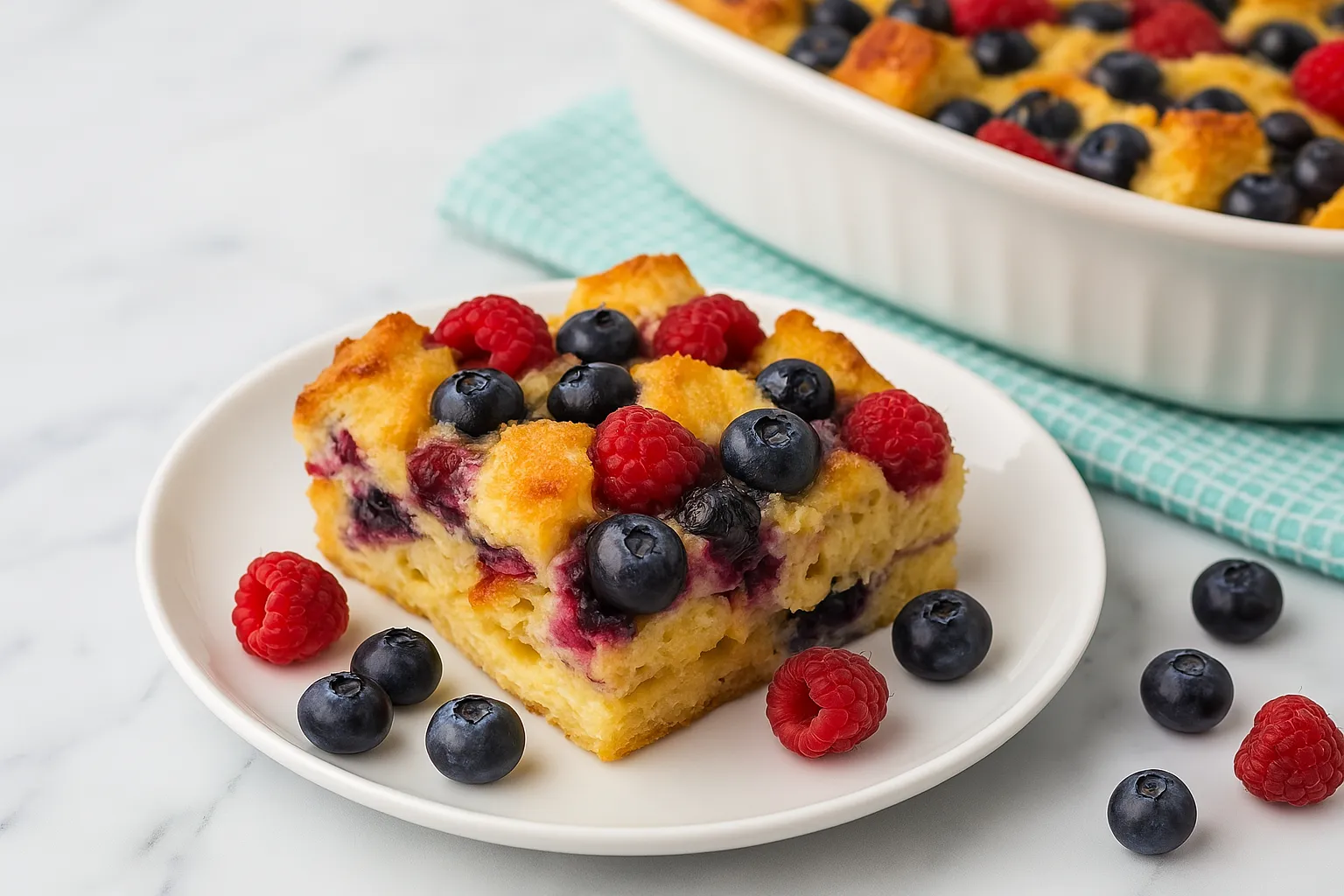 Berry strata recipe with mixed berries and whole grain bread — sweet custardy breakfast casserole ready in 45 minutes