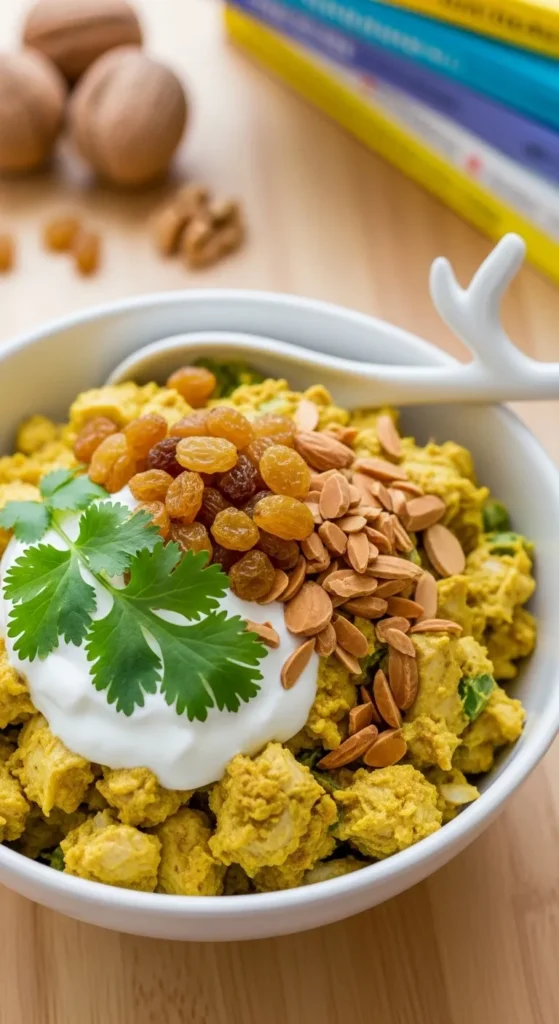 Close-up shot of Healthy Curry Chicken Salad with golden raisins and toasted almonds, a perfect brain-boosting lunch for kids.