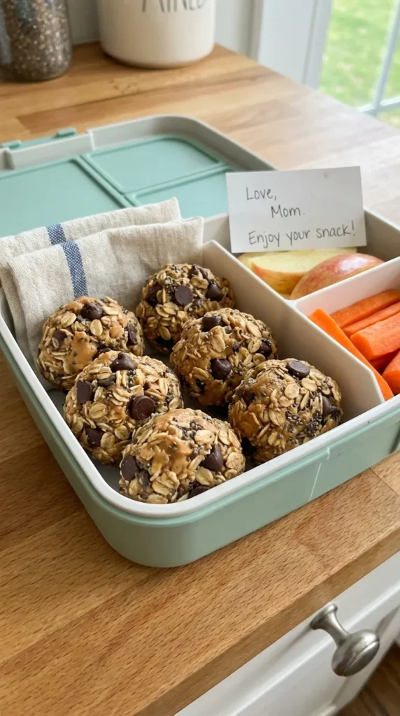 Homemade energy bites — healthy lunchbox snacks for kids with oats and chocolate chips