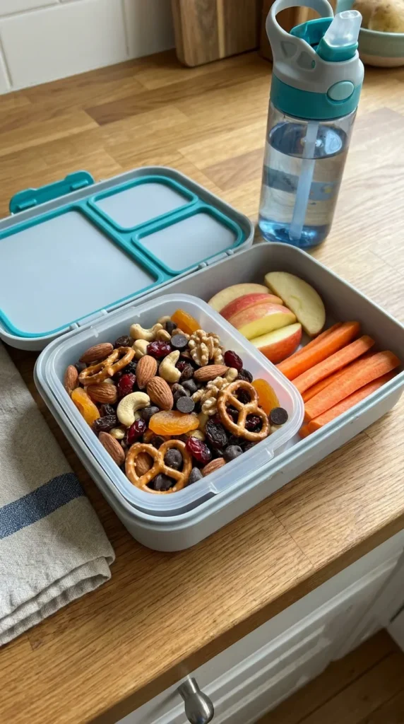 Homemade trail mix with nuts and dried fruit — healthy lunchbox snacks for kids