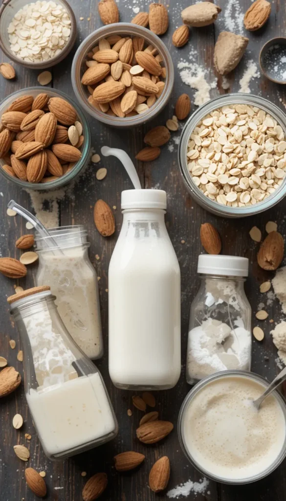 Bottles of oat, almond and soy plant-based milk alternatives — fortified drinks for kids