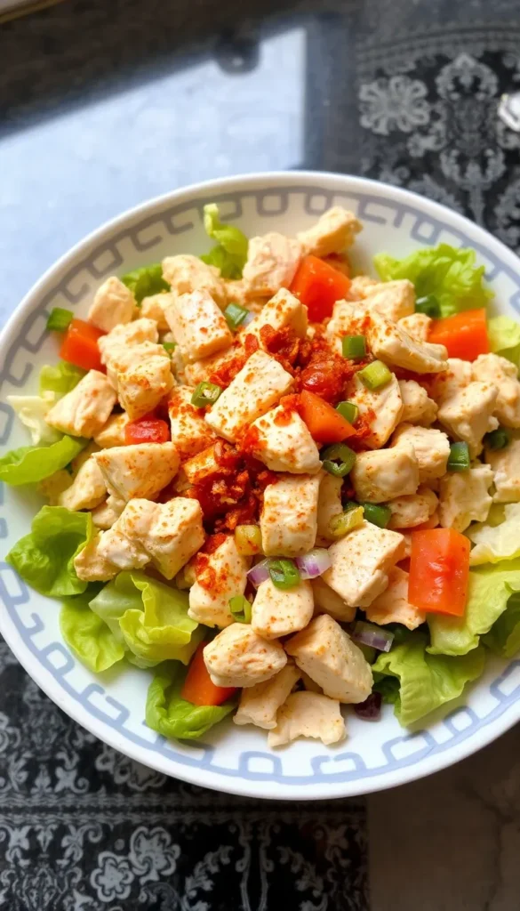 Spicy chicken salad variation with chili flakes and fresh vegetables—a healthy brain-boosting lunch for kids.