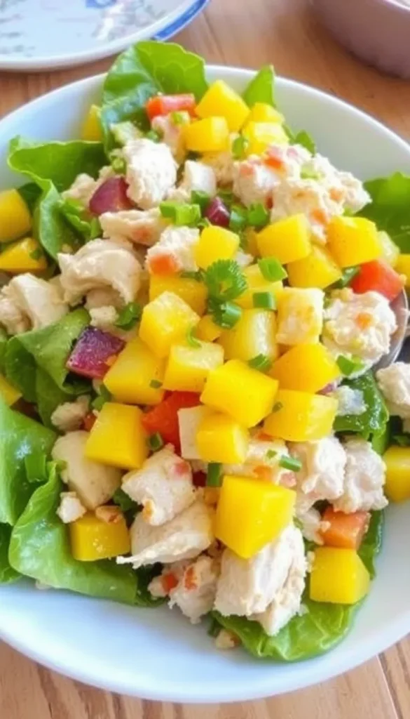 Tropical healthy chicken salad with mango and greek yogurt dressing—a sweet brain-boosting lunch for kids.