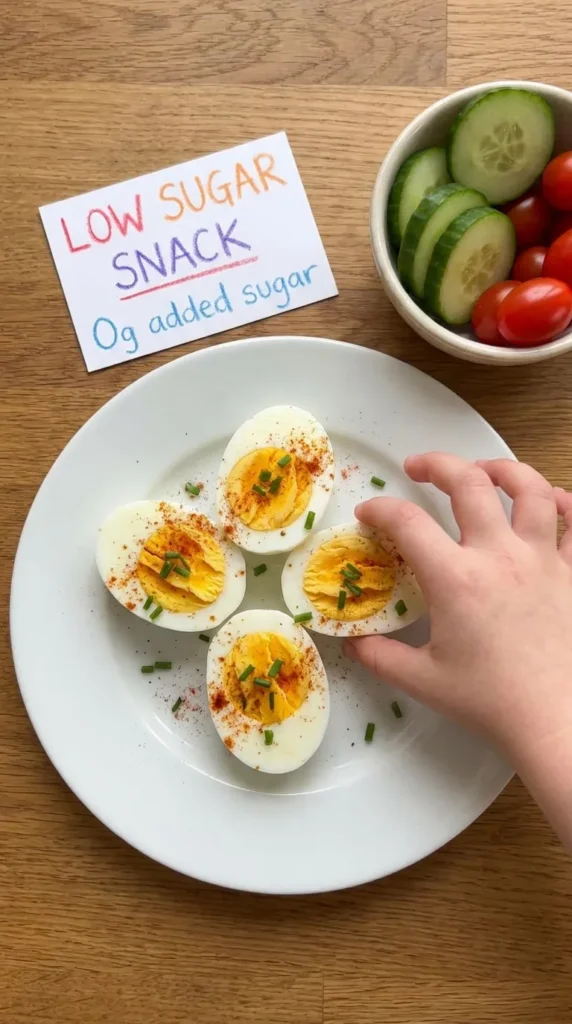 Nutritious hard-boiled eggs halved on a plate — low sugar snack for kids with 0g sugar