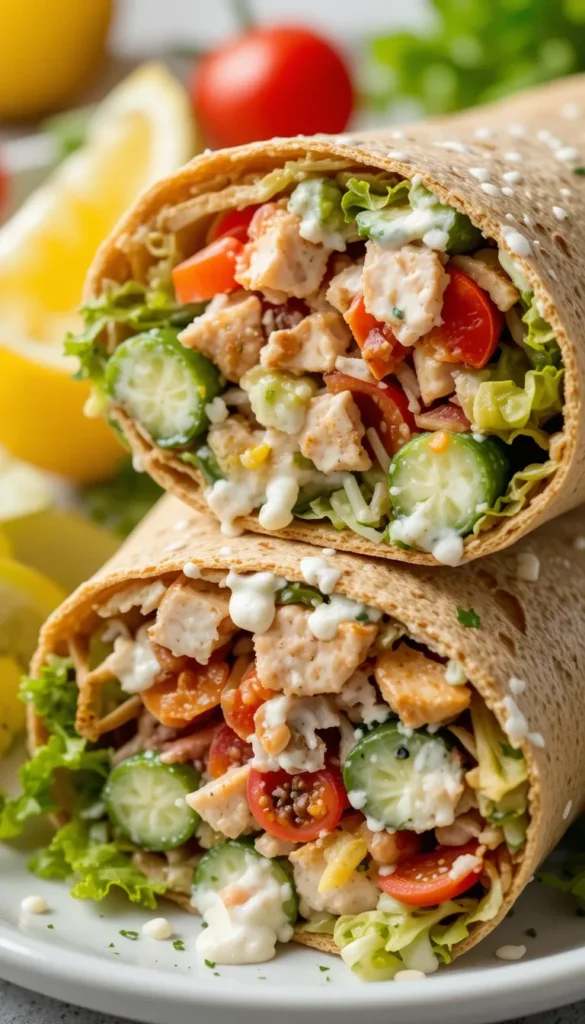 Healthy chicken salad wrap with tomatoes, cucumbers, and lettuce—a quick 10-minute brain-boosting school lunch for kids.