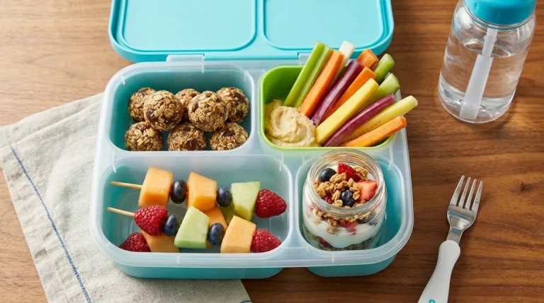 Healthy lunchbox snacks for kids — energy bites, veggie sticks, fruit kabobs and yogurt parfait arranged in a bento box