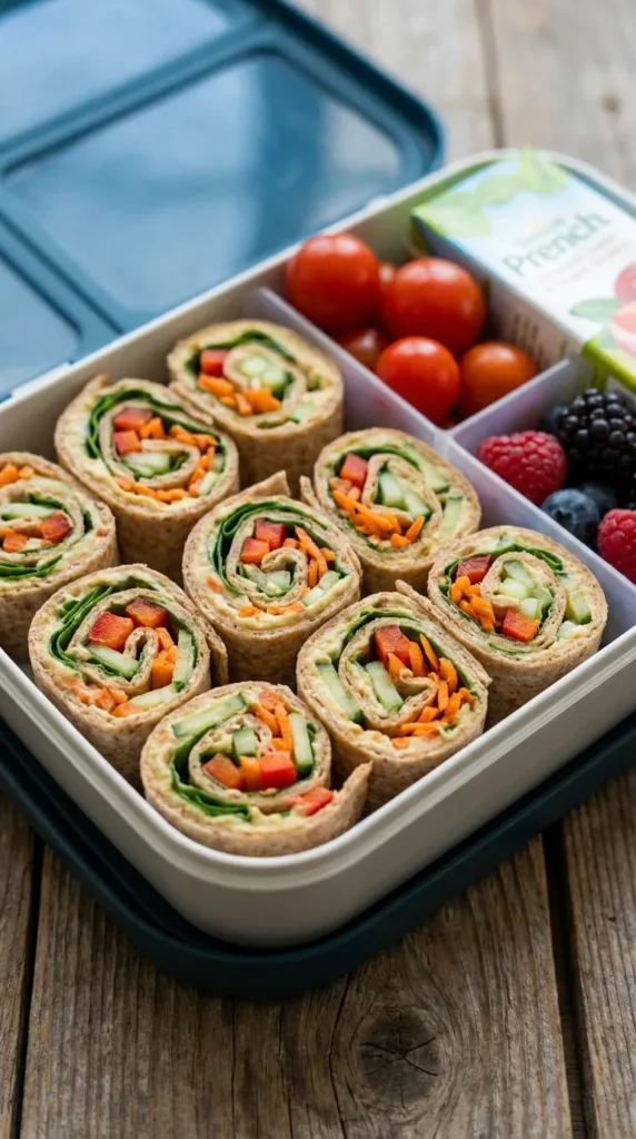 Whole-wheat veggie wraps sliced into pinwheels — healthy lunchbox snacks for kids