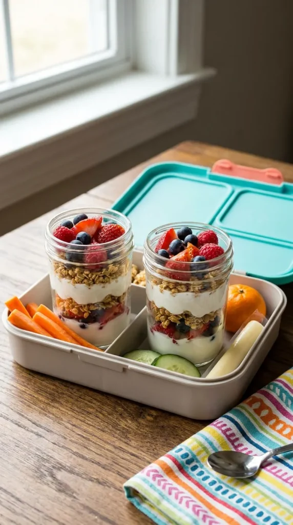 Layered yogurt parfait with granola and berries — healthy lunchbox snacks for kids