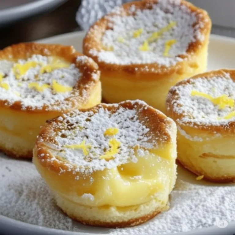 Baby lemon impossible pies — mini custard pies with self-forming crust dusted with powdered sugar