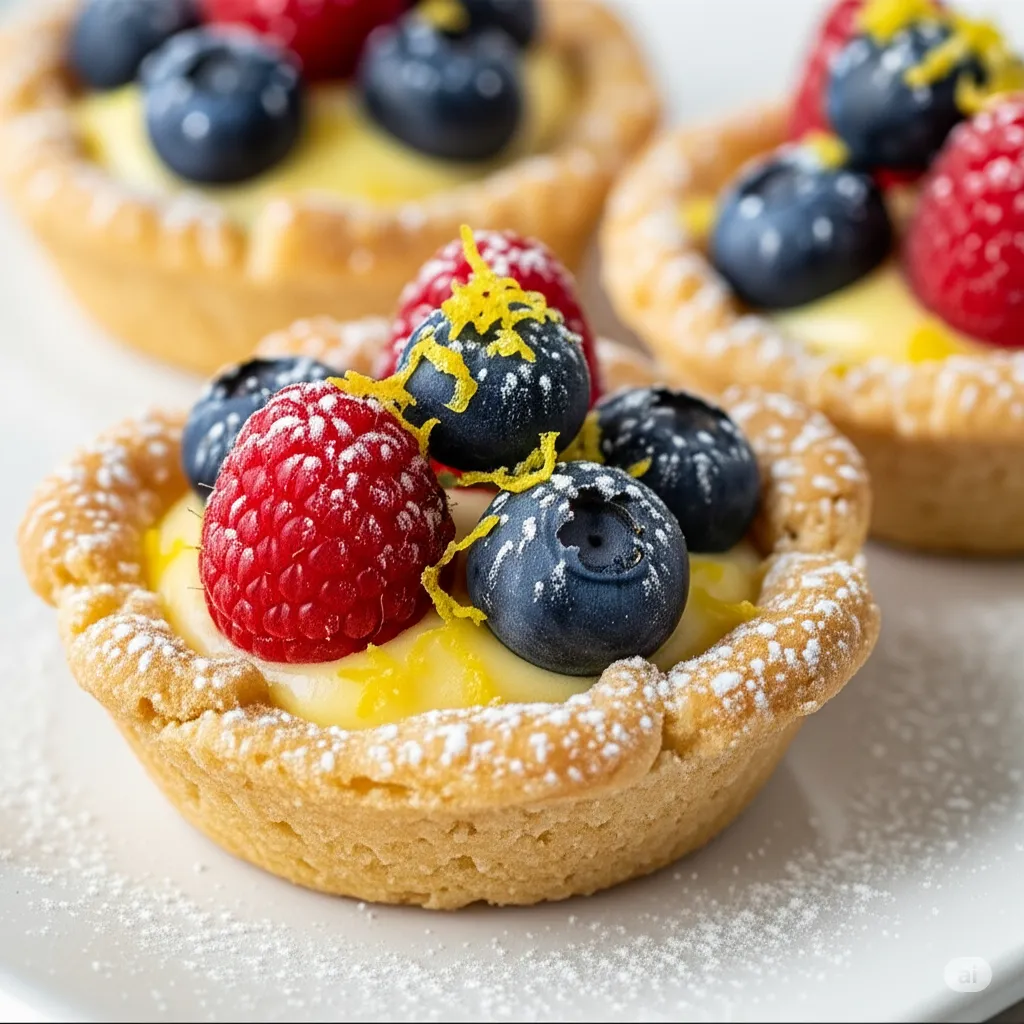 Berry twist baby lemon impossible pies topped with fresh blueberries and raspberries — healthy citrus snack