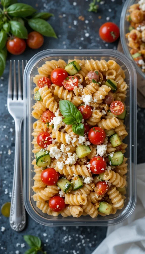 A colorful pasta salad packed in a transparent container