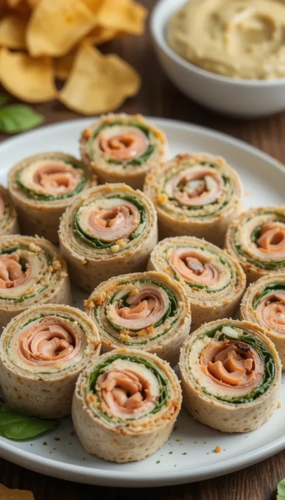 Healthy Lunches for Kids Under 10 minutes-A neatly arranged plate of turkey and hummus roll-ups, sliced into bite-sized portions