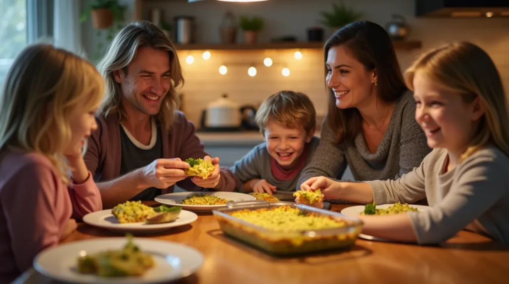 A happy family sharing a healthy zucchini casserole dinner at the dining table.
