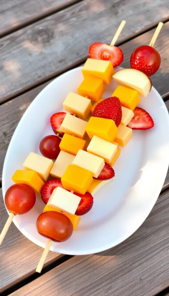 A playful arrangement of fruit and cheese skewers on a white plate
