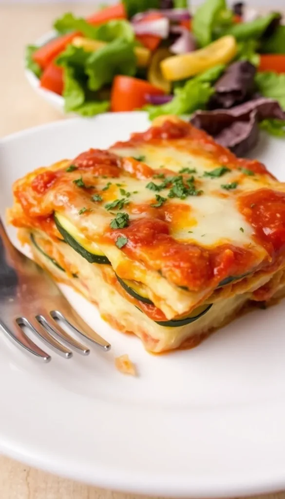 Zucchini Casserole Dinner-A close-up slice of layered zucchini casserole dinner with tomato sauce and melted cheese.