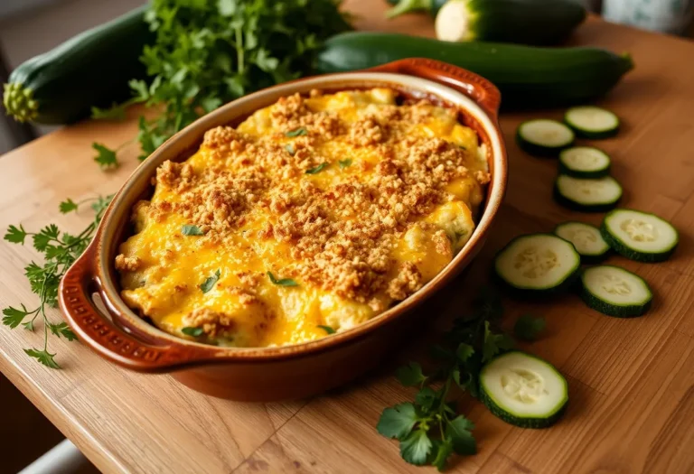 Cheesy zucchini casserole dinner with a golden breadcrumb crust in a white baking dish.