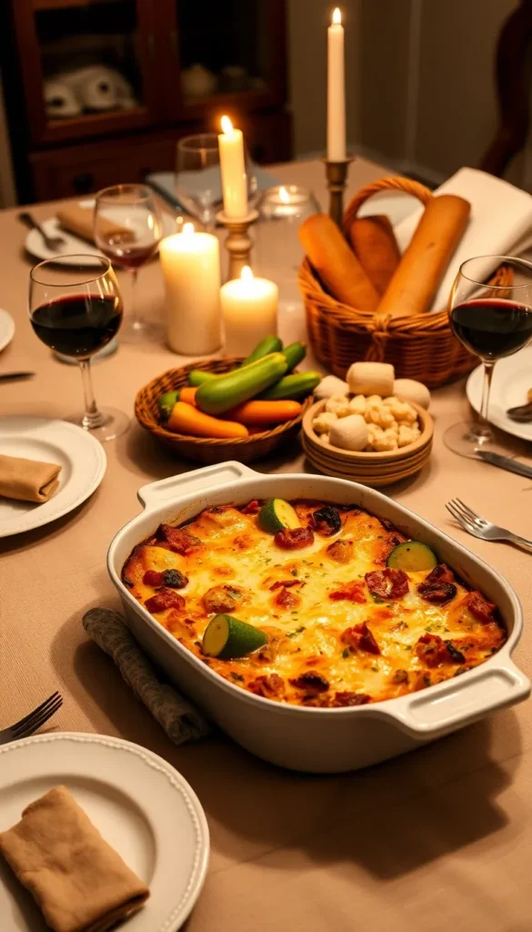 Freshly baked zucchini casserole dinner in a white rectangular dish on a set dinner table.