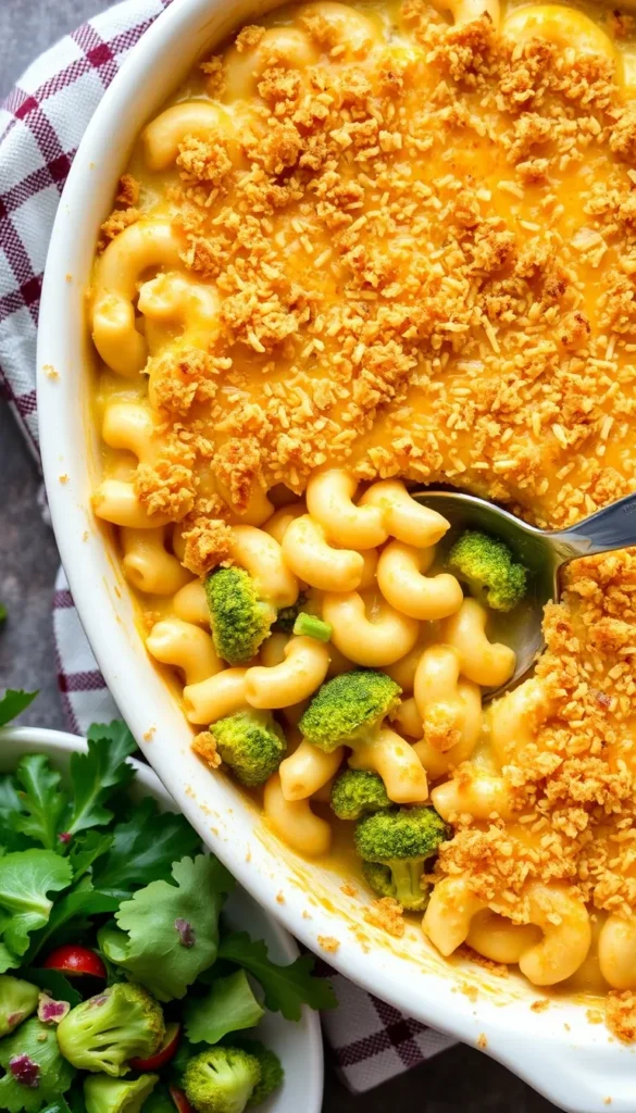 A golden-baked broccoli mac & cheese in a casserole dish