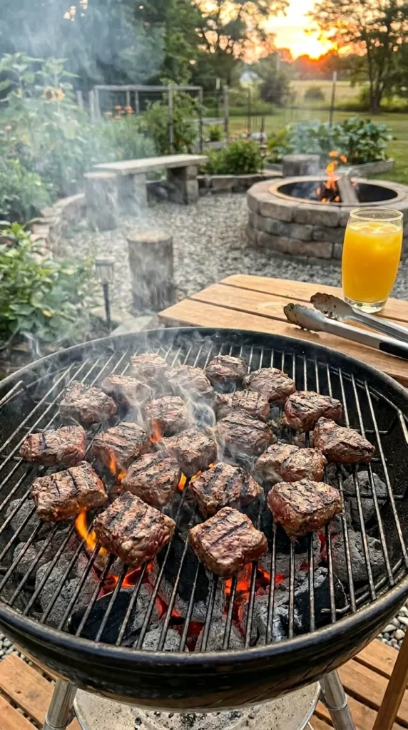 Steak nuggets sizzling on a hot grill outdoor