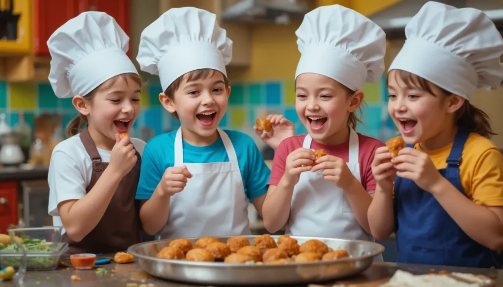 Steak nuggets_A group of young kid chefs in aprons and hats joyfully tasting steak nuggets they cooked together